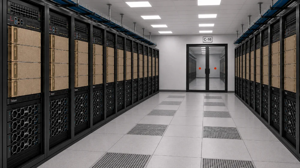 A row of GPU racks in a data hall, seen down the cold aisle.